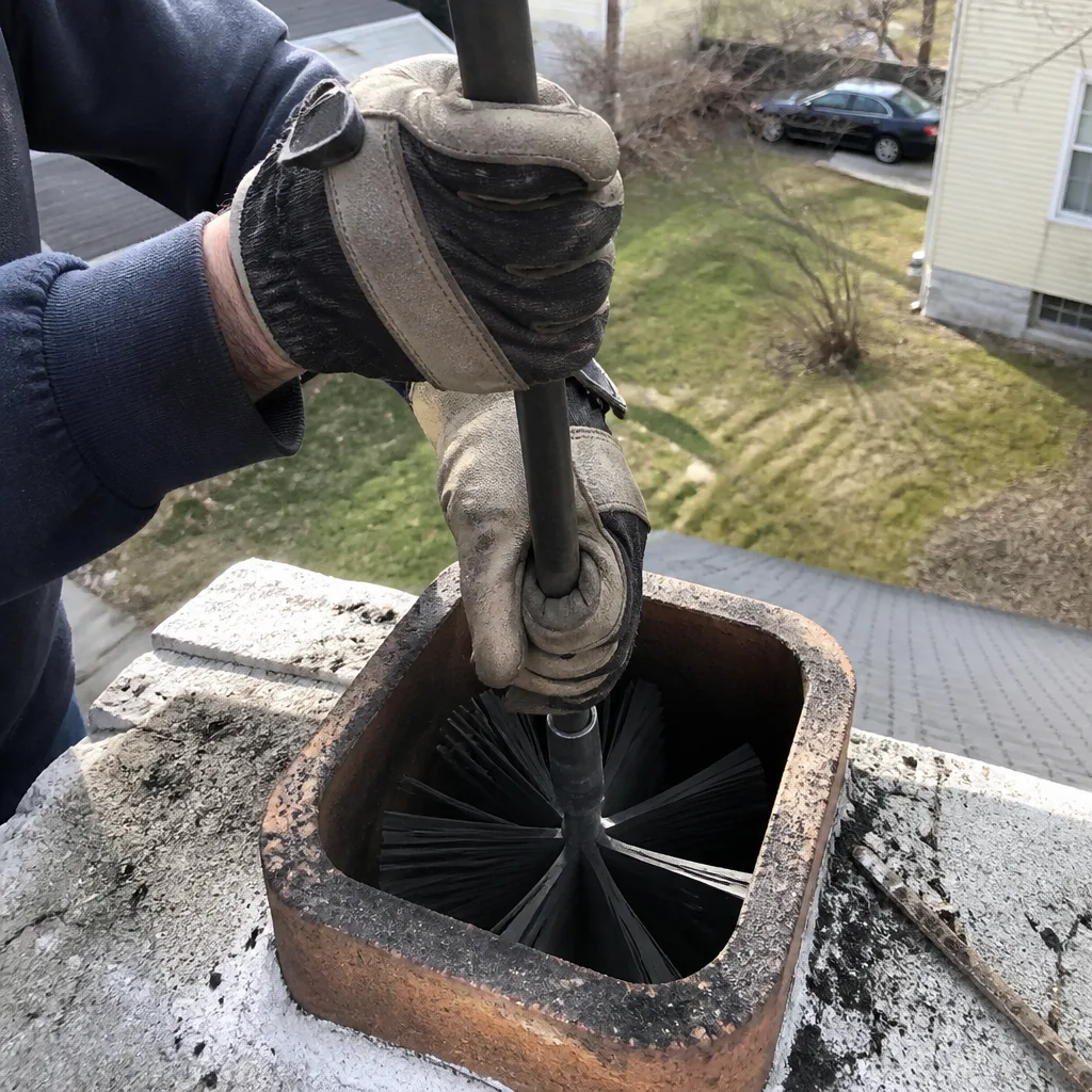 Professional chimney sweep cleaning a fireplace flue from the roof.