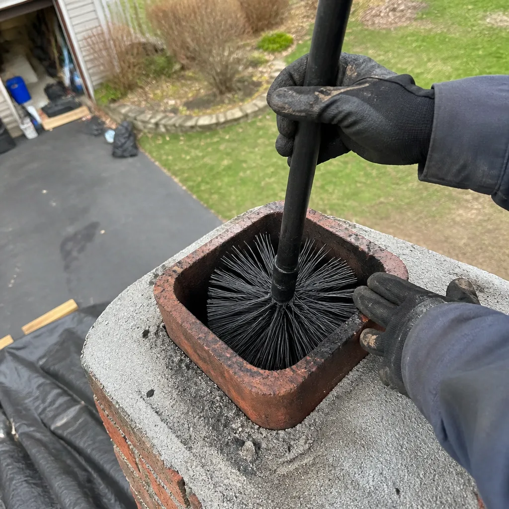 Professional chimney sweep cleaning a brick chimney flue with a brush