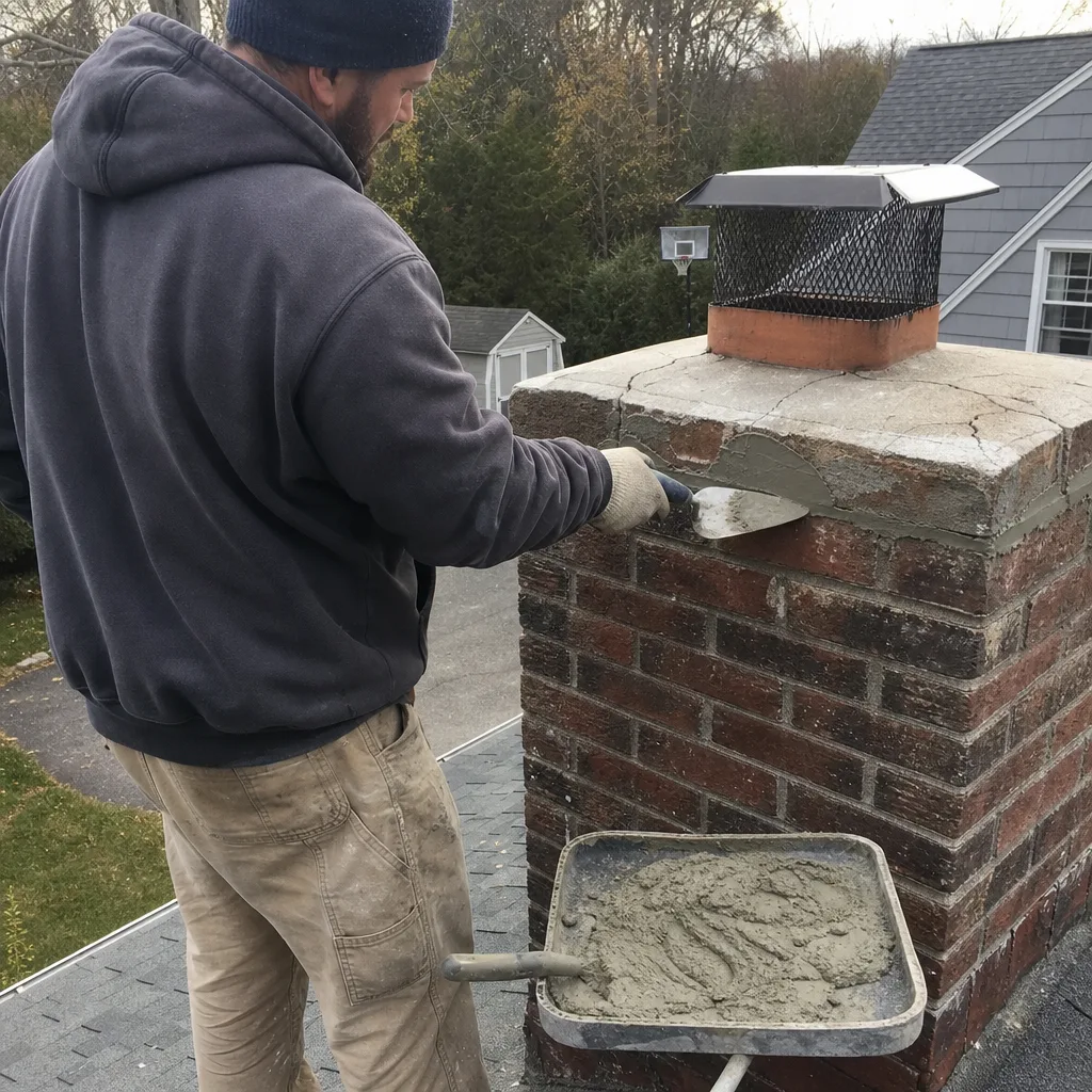 Professional contractor performing brick chimney repair and mortar crown maintenance