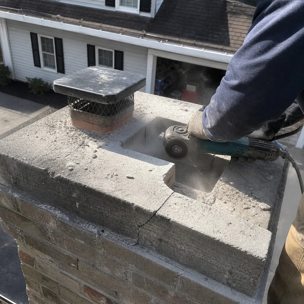 Professional technician using a power tool to repair a stone chimney crown