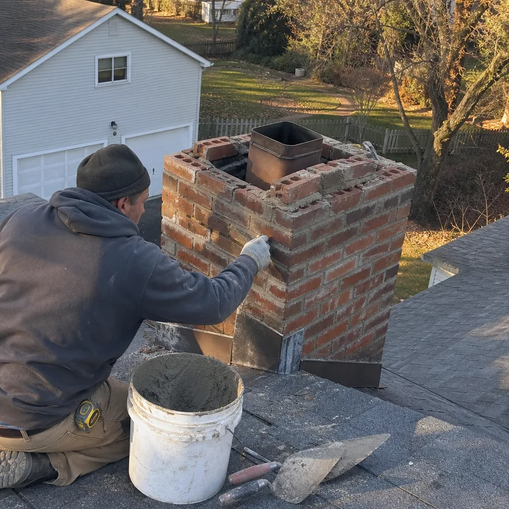 Professional mason performing chimney brick repair and maintenance on a roof