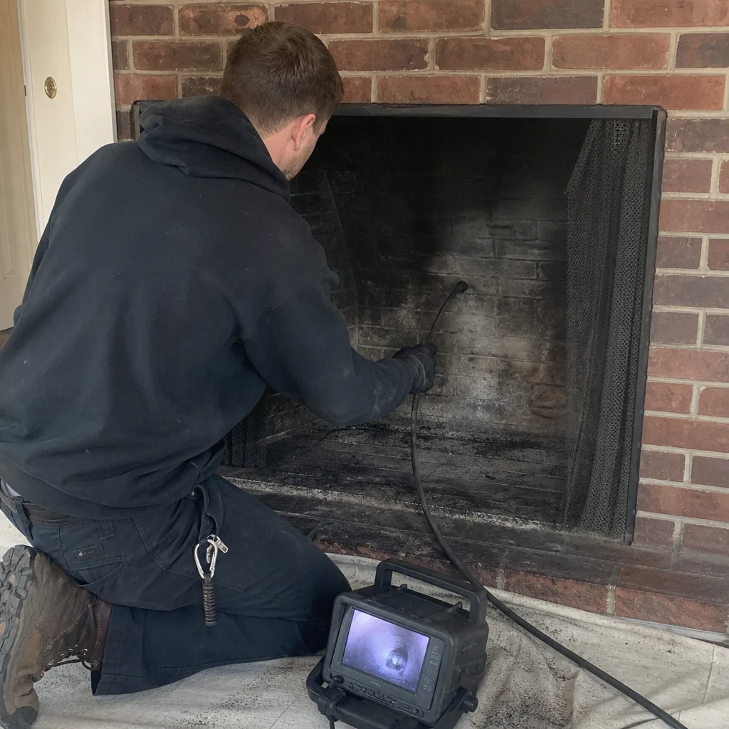 Technician performing professional chimney inspection with camera scope