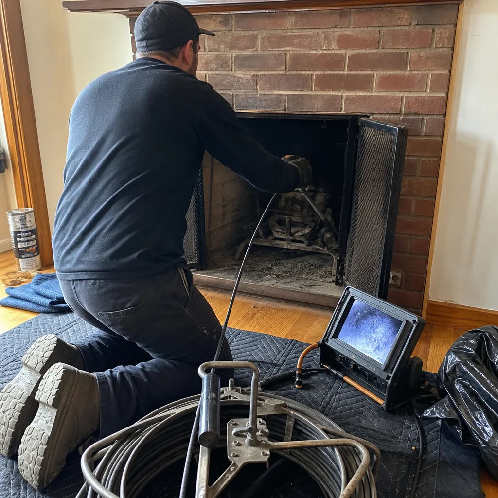 Technician using video camera equipment for professional fireplace and chimney inspection